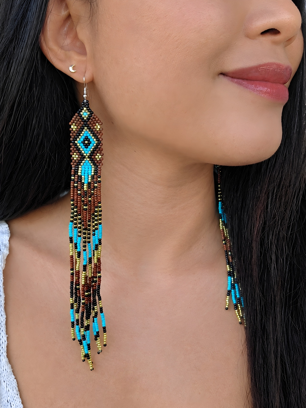 Lonestar Southwestern Boho Beaded Fringe Earrings Handmade Long - Brown Blue